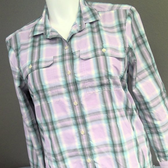 Eddie Bauer Pink Plaid Travex Shirt Long Sleeve Button Up Women's Large - Picture 2 of 8